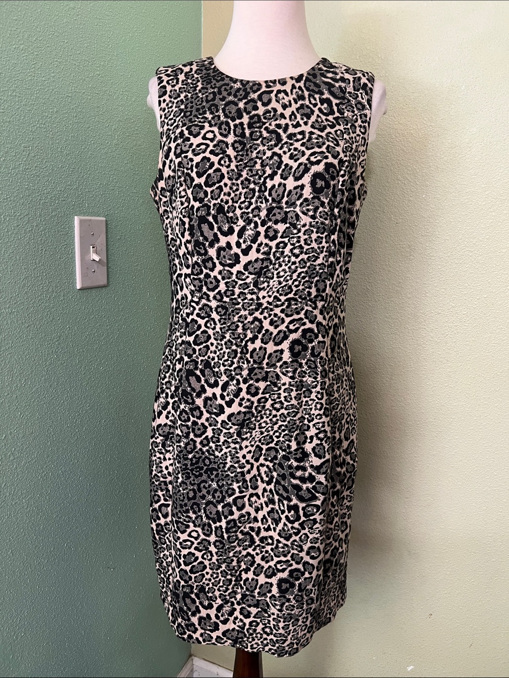 Calvin Klein Sleeveless Leopard Sheath Dress in Beige and Black